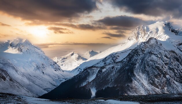 A Breathtaking Winter Landscape Showcases Towering Snow Capped Mountains Under A Dramatic Sky Perfect For Projects Related To Nature Travel Or Winter Adventures