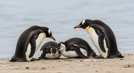 Naklejka premium A family of penguins on a sandy beach with calm water in the background, showcasing their natural habitat and social behavior in a peaceful setting
