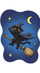 Cartoon cat wearing a witch hat and cape flying on a broomstick at night