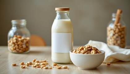 Oat milk bottle with blank label, small cereal bowl, soft counter reflections