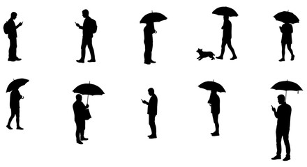 silhouettes of people walking in the rain while using smartphones creating an urban scene and showcasing technology in everyday life