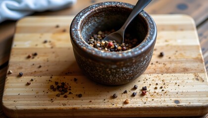 Mortar with crushed pepper, tiny spill on board, razor clean focus