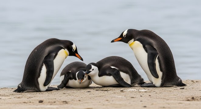 A family of penguins on a sandy beach with calm water in the background, showcasing their natural habitat and social behavior in a peaceful setting - Powered by Adobe