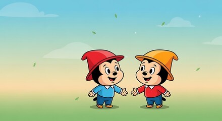 Cartoon characters with colorful hats standing together under a green sky