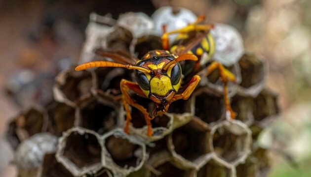 Up-close view of a yellow jacket wasp perched atop its hexagonal paper nest with blurred, natural background