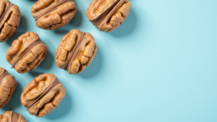 Walnuts arranged on light blue background, showcasing their unique texture and shape, evoke sense of natural beauty and health