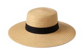 Straw boater hat with black ribbon ready for summer fashion and sun protection, isolated on transparent background