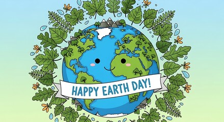 Cartoon earth with surrounding leaves banner for happy earth day celebration
