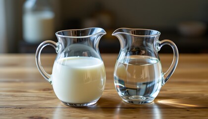 Two translucent pitchers, one with milk, one with water, tonal subtlety