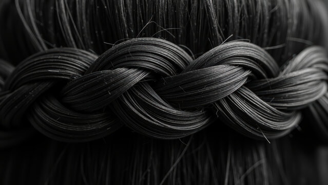 Braided hairstyle with smooth, shiny black hair, showcasing intricate weaving and texture. close up emphasizes details and craftsmanship of braid