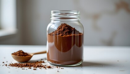 Transparent jar of cocoa powder with scoop line, precise focus