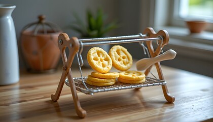Pasta drying rack miniature, single nest displayed, calm backlight