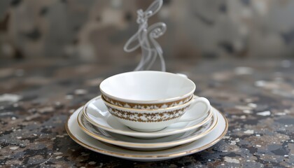 Crisp stack of saucers offset quarter turn, graphic rhythm