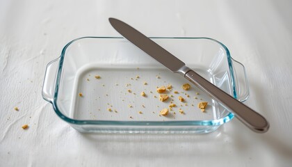 Glass butter dish empty, knife parallel, restrained composition