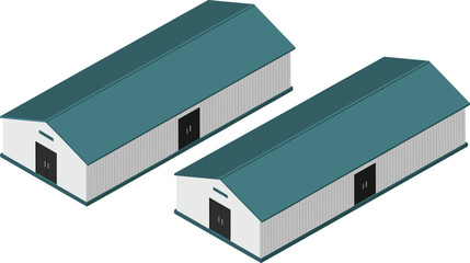 Isometric warehouse illustration, teal roof buildings, white panel walls, black doors, storage facility design, architectural layout, logistics planning, industrial structure, parallel view