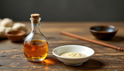Sesame oil bottle, white dipping dish, delicate speculars