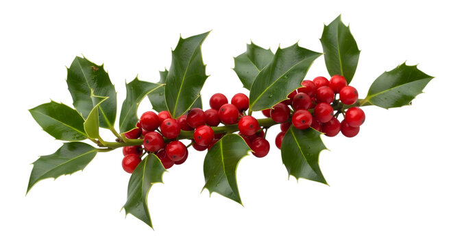 A festive sprig of bright red holly berries and dark green spiky leaves against a stark black background