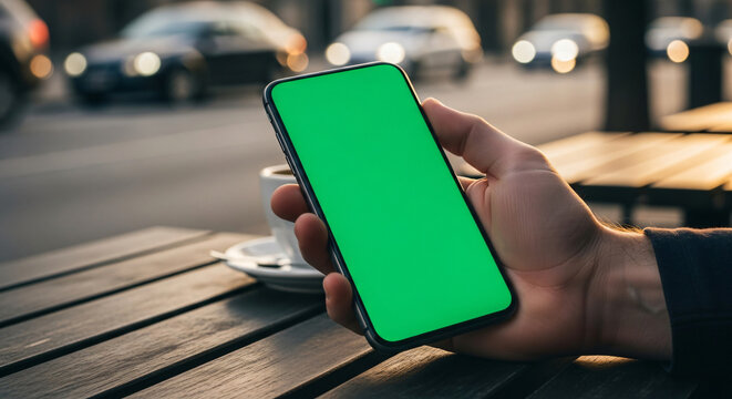 Close-up of a hand holding a smartphone with a green screen on a wooden table outdoors with a coffee cup in a blurred city street background.