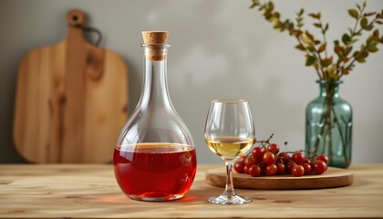 Scandi carafe with cork stopper, glass next to it, precise spacing