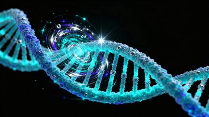 A scientifically precise and highly detailed microscopic view of helical photonic particles interacting with the double helix structure of DNA. 