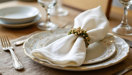 Neutral napkin ring on folded linen, dish behind, measured elegance