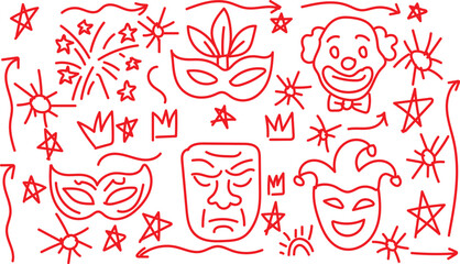 Carnival and theater masks with festive elements collection of red line drawings featuring theatrical masks, a clown face, crowns, stars, and celebratory fireworks for a festive theme.