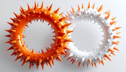 Two interlocking rings, one orange and the other white, covered with sharp, orange and white thorns, on light backdrop