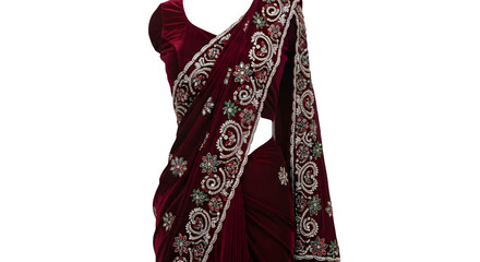 Luxurious Indian bridal velvet saree with intricate silver and gold heavy embroidery work. isolated PNG with Transparent Background