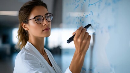 A dedicated woman researcher in a white coat analyzes data and draws equations on a glass board in a bright, high tech lab. The scene highlights innovation, intelligence, and scientific progress - Powered by Adobe