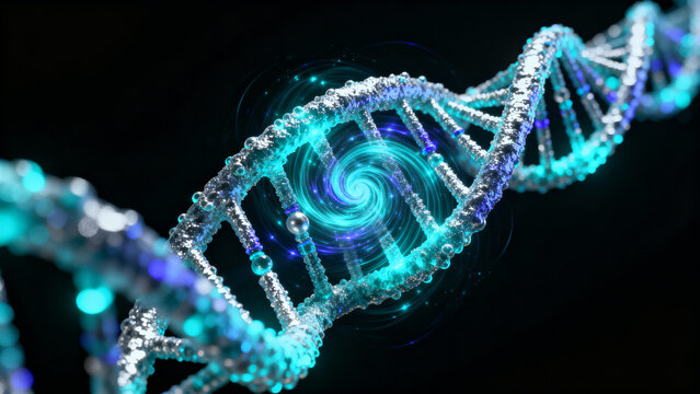 A scientifically precise and highly detailed microscopic view of helical photonic particles interacting with the double helix structure of DNA. 