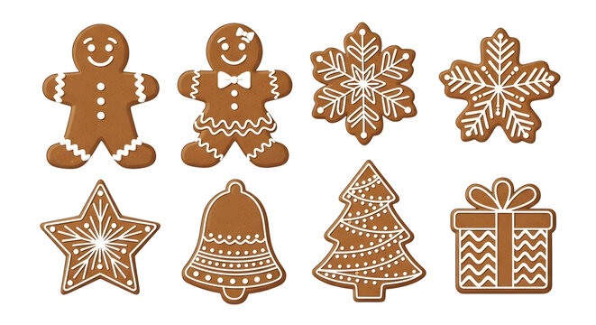 Collection of festive christmas gingerbread cookies in various shapes including people snowflakes stars bells trees and gifts