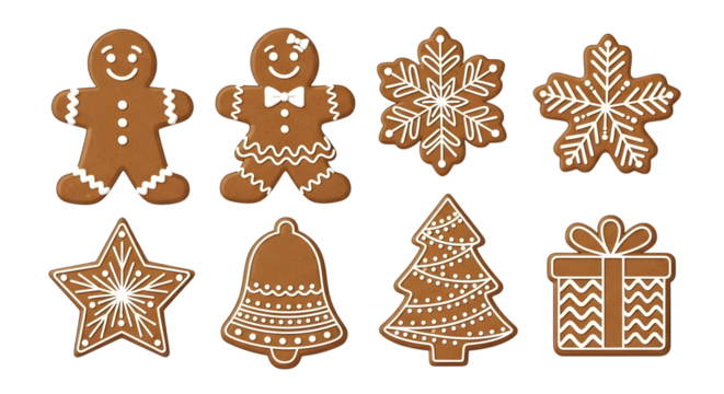 Collection of festive christmas gingerbread cookies in various shapes including people snowflakes stars bells trees and gifts