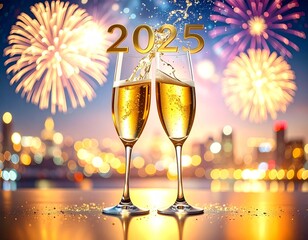 new year celebration Two champagne glasses clinking with golden sparkling wine, festive New Year&rsquo;s Eve celebration, fireworks in the background, luxury holiday atmosphere, cinematic photo