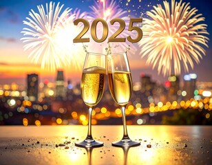 new year celebration Two champagne glasses clinking with golden sparkling wine, festive New Year&rsquo;s Eve celebration, fireworks in the background, luxury holiday atmosphere, cinematic photo
