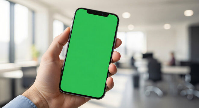 A hand holding a smartphone with a green screen in a blurred office background with desks and chairs.