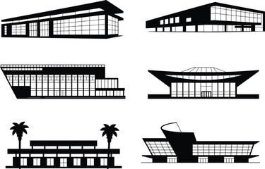 Modern building silhouettes, black and white architecture, curved and angular designs, glass facades, tropical elements, multi-level structures, contemporary style, urban layout