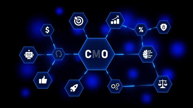 CMO Chief Marketing Officer hexagon network diagram with marketing and business icons on dark blue bokeh background