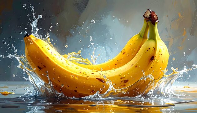 Two ripe yellow bananas splashing into clear water with a neutral background
