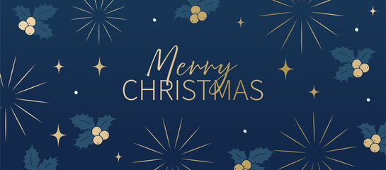 Obraz premium Merry Christmas text with golden stars and holly berries on dark blue background. Holiday template with decorative elements and copy space. Winter season and Christmas celebration concept