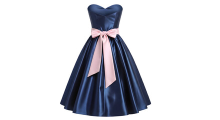 Navy blue vintage style cocktail party dress with wide pink bow fashion photography isolated PNG with Transparent Background