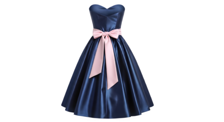 Navy blue vintage style cocktail party dress with wide pink bow fashion photography isolated PNG with Transparent Background