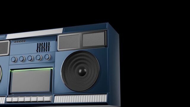 Exploring the details of a classic boombox as it plays music in a nostalgic setup