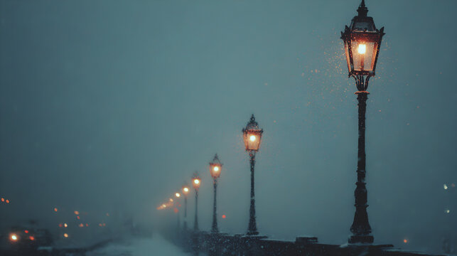 Snowstorm over old streetlamps, cinematic light haze and poetic winter ambience