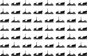 Seamless pattern of bumper cars and racing vehicles, black silhouette icons of amusement park rides, electric car design background vector for transport illustration