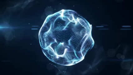 Mesmerizing translucent digital orb, blue and white glowing particle trails forming AI neural network patterns, slowly rotating and pulsing on a deep black background with ethereal mist and bokeh - Powered by Adobe