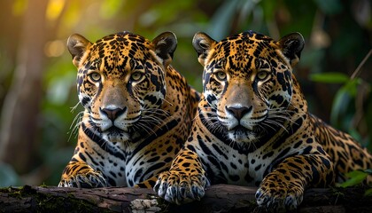 Obraz premium Two jaguars, spotted fur prominent, rest on a mossy log in a lush, green forest, sunlight dappling the background