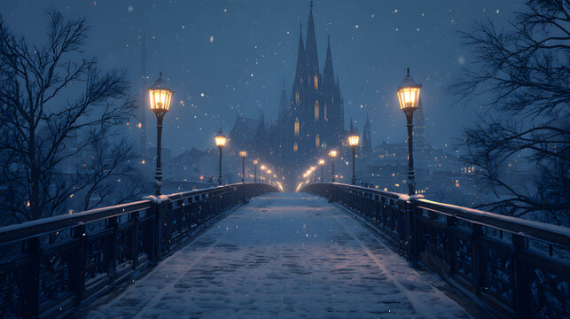 Snowy bridge leading toward cathedral with lights, cinematic twilight mood and volumetric glow, peaceful winter spirit