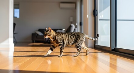 Domestic tabby cat with striped fur walking across a polished wooden floor, illuminated by bright sunlight and casting shadows in a modern home.