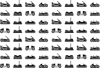 Seamless pattern of vintage car silhouettes, racing cars, bumper cars, and convertible vehicles, isolated black automobile icons for transportation design, vector background illustration art