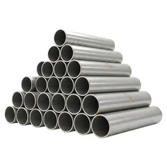 Shiny metal pipes stacked in a triangular pyramid formation.